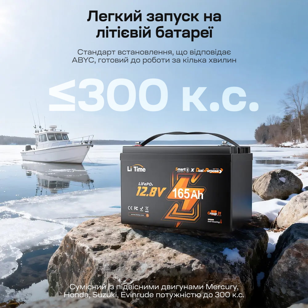 Аккумуляторная батарея литий-железо-фосфатная с Bluetooth и подогревом стартерная / тяговая 12.8В 165А*ч LiFePO4 LiTime Dual Purpose L12V165-150-DP-BT-CCA1K2-4-A100