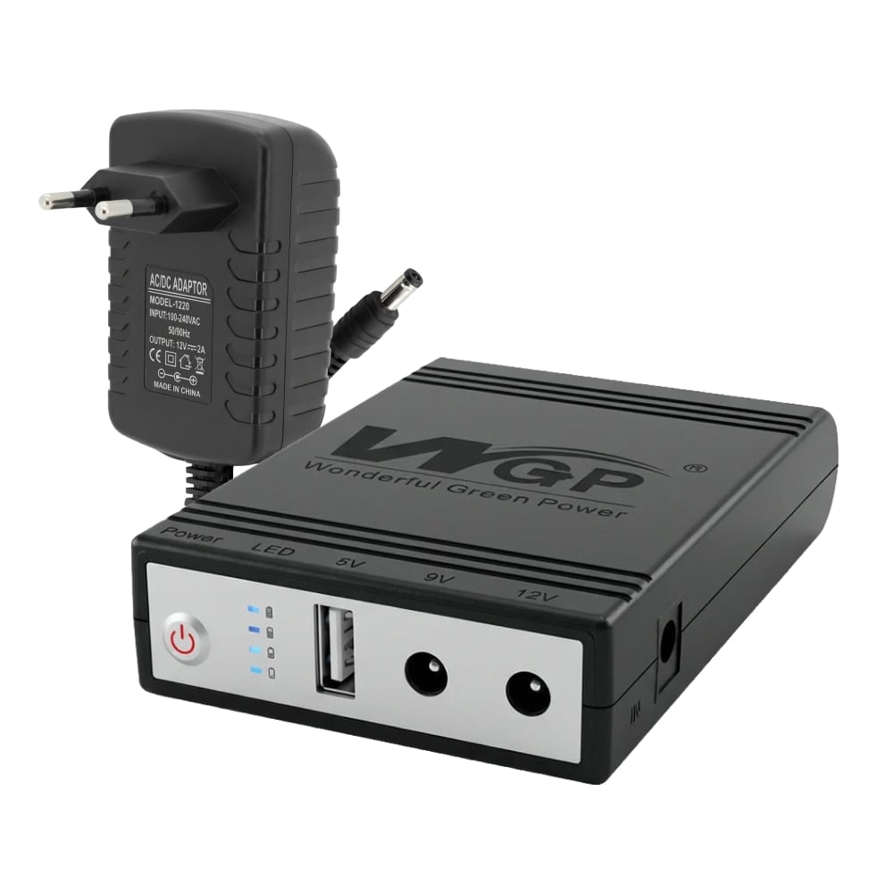 ДБЖ Mini UPS WGP UPS1032 Black 10400mAh 5V/9V/12V, Li-ion з блоком живлення SPF-1202B 12V/2A (24W)