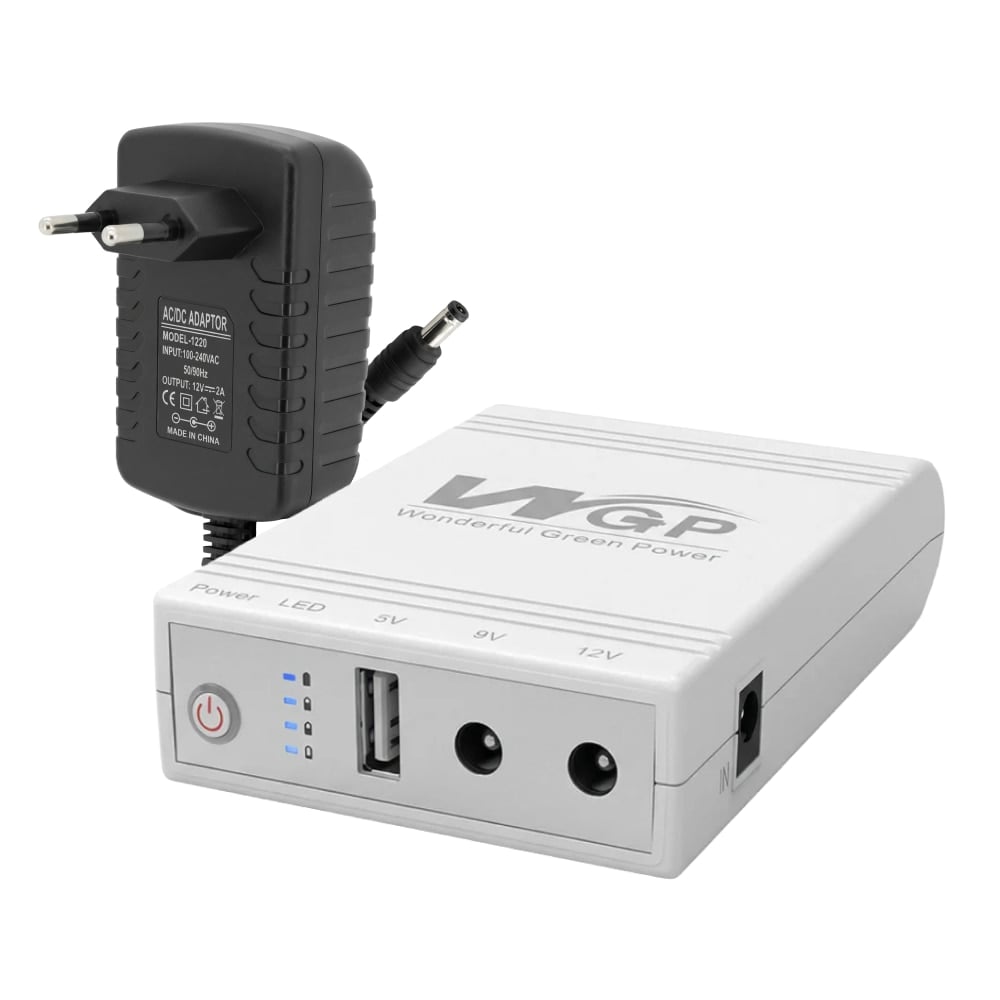 ДБЖ Mini UPS WGP UPS103A White 10400mAh 5V/9V/12V, Li-ion та блок живлення SPF-1202B 12V/2A (24W)