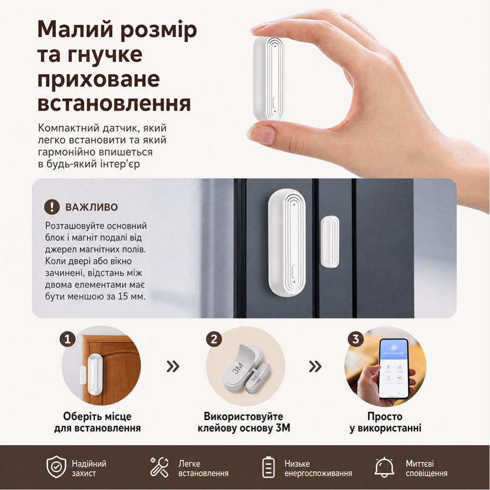 Бездротовий датчик відчинення вікон/дверей Trinix TRX-DS03(WiFi) з сиреною та Wi-Fi