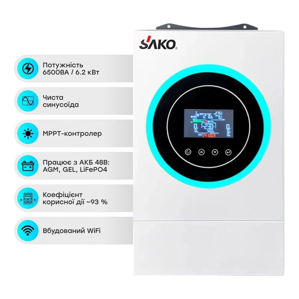 Комплект резервного живлення Sako: гібридний інвертор 6.5kVA/6.2kW SUNON V 48V+120A MPPT та акумуляторна батарея 51.2В 5120Втг Li-Wall series LiFePo4