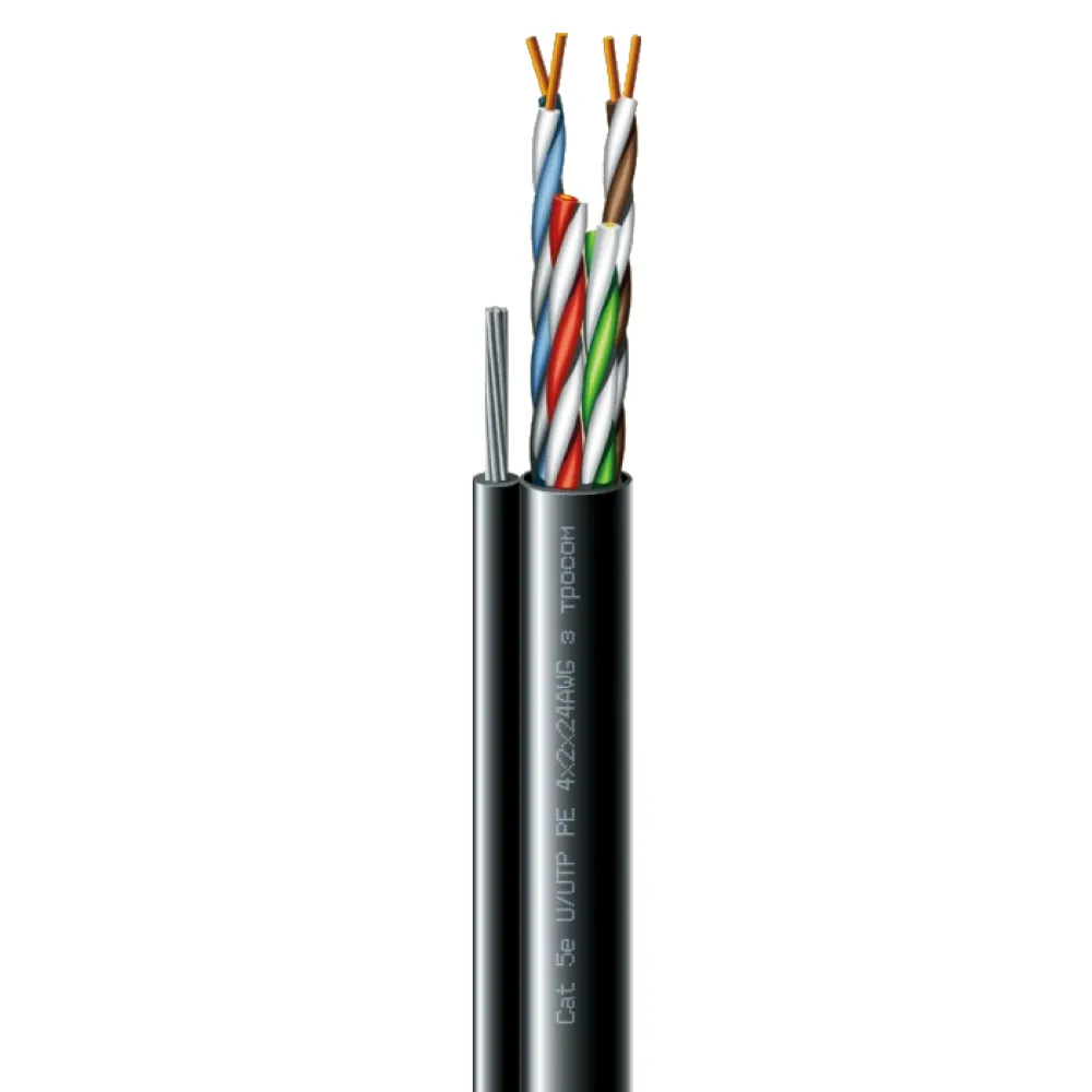 Кабель звита пара ЗЗКМ (UTP мідь вуличний з тросом) Cat. 5e U/UTP РЕ steel cord 4x2x24 AWG (k) трос (70910181) бухта 305м